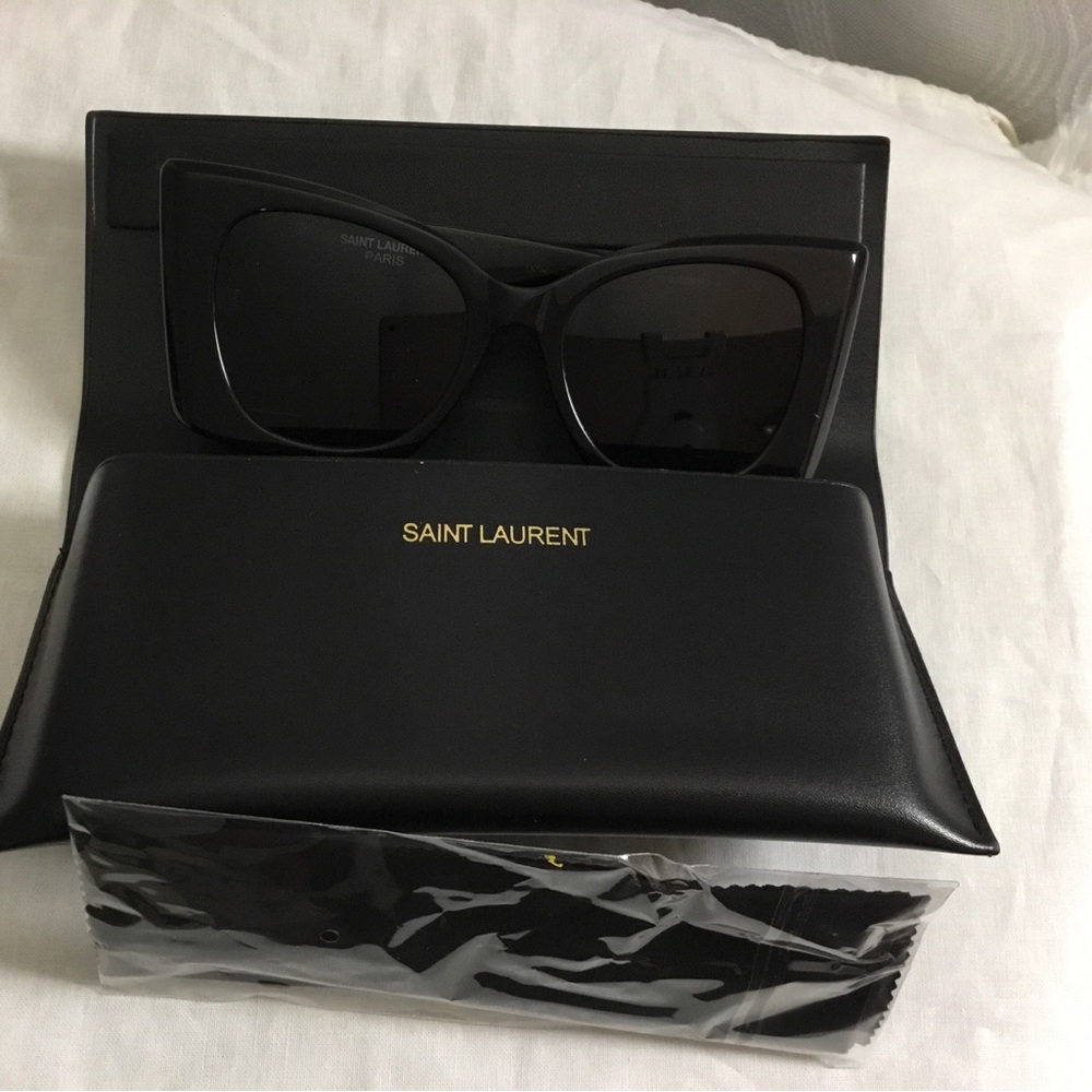 Saint Laurent Black Cat-Eye Sunglasses with Gold Logo Case